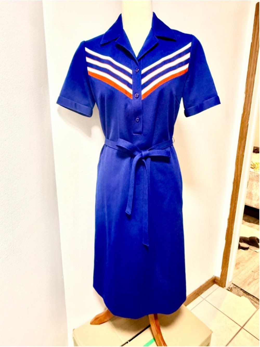 Vintage 70s Henry Lee Royal Blue Midi Shirt dress Sporty Chevron Stripe sz 8